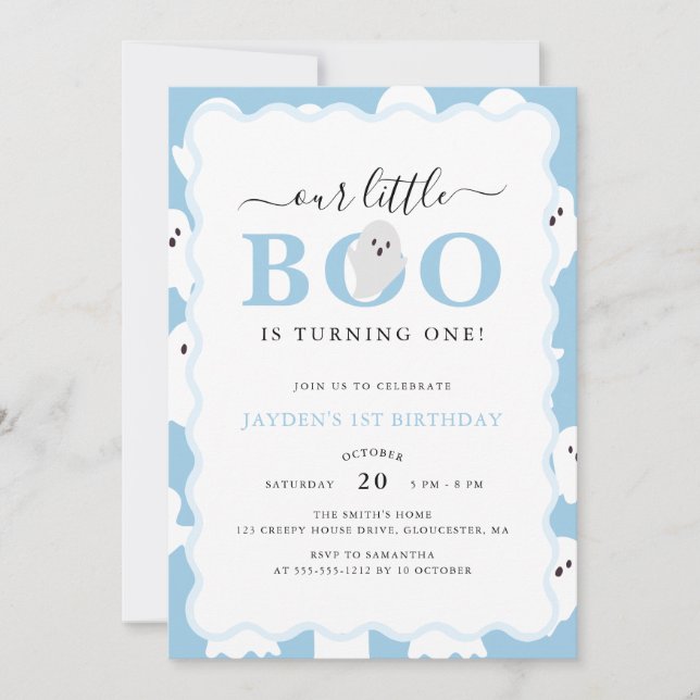 Our Little Boo Blue Halloween Boy 1st Birthday Invitation (Front)