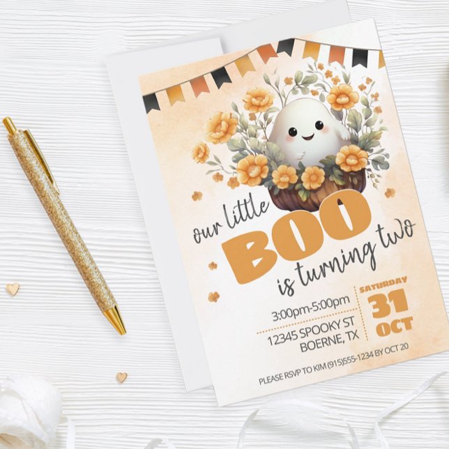 Our Little Boo is Turning Two Ghost Birthday Invitation (Add a touch of cuteness to your Halloween birthday celebration with this adorable ghost design.)