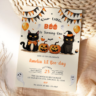 Our Little Boo Turning One Black Cat Halloween Invitation