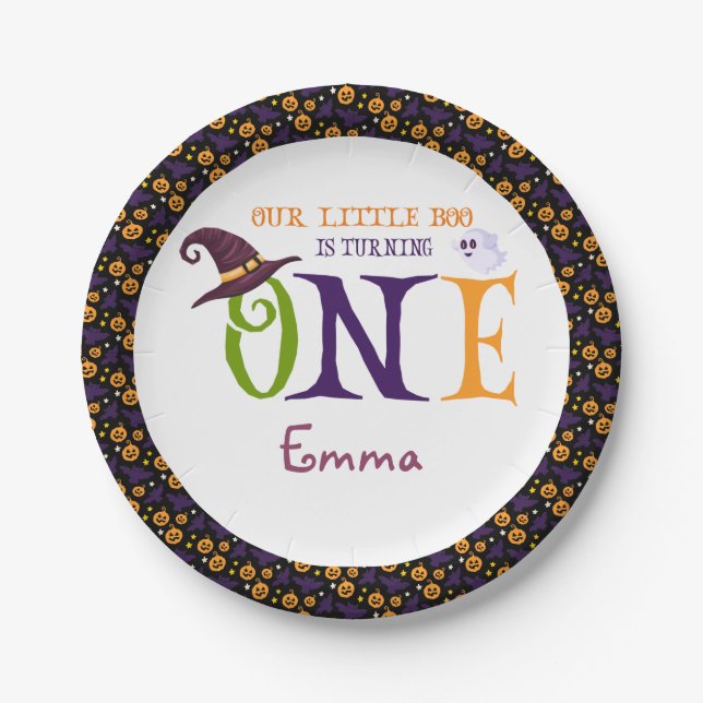 Our Little Boo Turning One, Halloween 1St Birthday Paper Plate (Front)