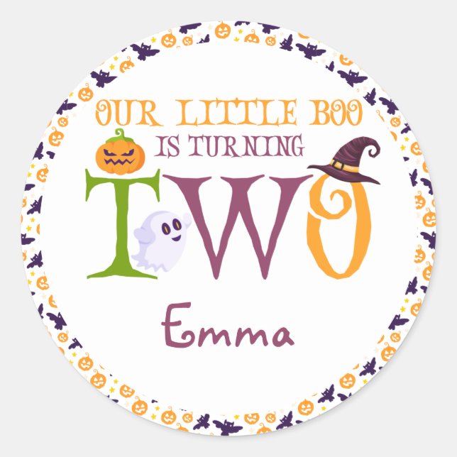 Our Little Boo Turning Two, Halloween 2nd Birthday Classic Round Sticker (Front)