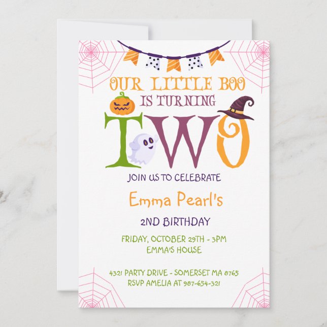 Our Little Boo Turning Two, Halloween 2nd Birthday Invitation (Front)