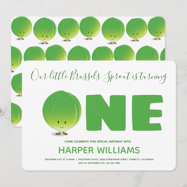 Our Little Brussels Sprout is Turning One Birthday Invitation (Front/Back)