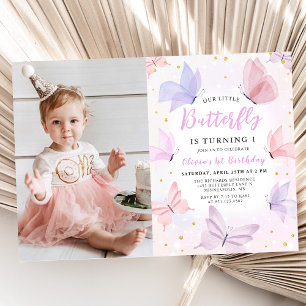Our Little Butterfly Pink Girls Birthday Photo  Invitation
