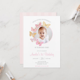 Our Little Butterfly Pink Purple Girl 1st Birthday Invitation