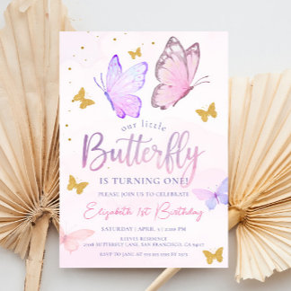 Our Little Butterfly | Pink Purple Girl Birthday Invitation