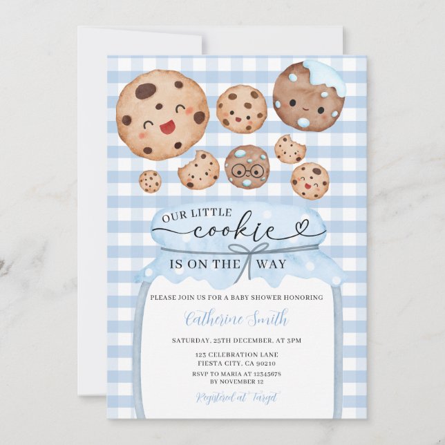 Our Little Cookie Baby Shower In Jar Blue Gingham Invitation (Front)