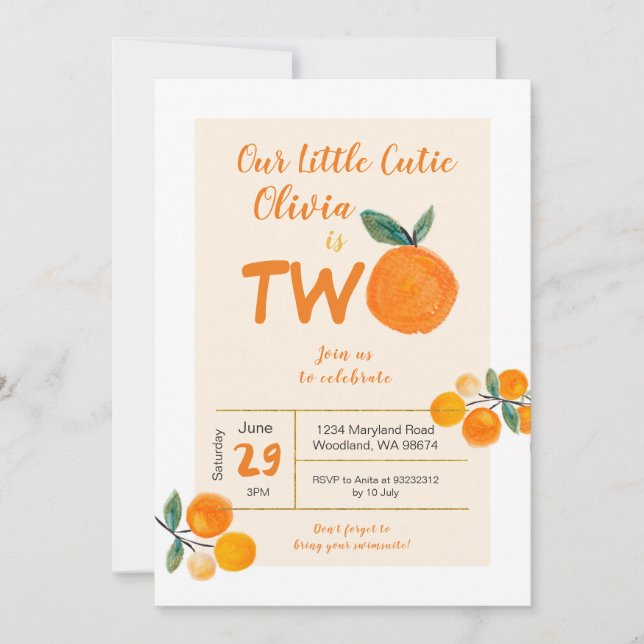 Our Little Cutie is Two BIrthday Invitation (Front)