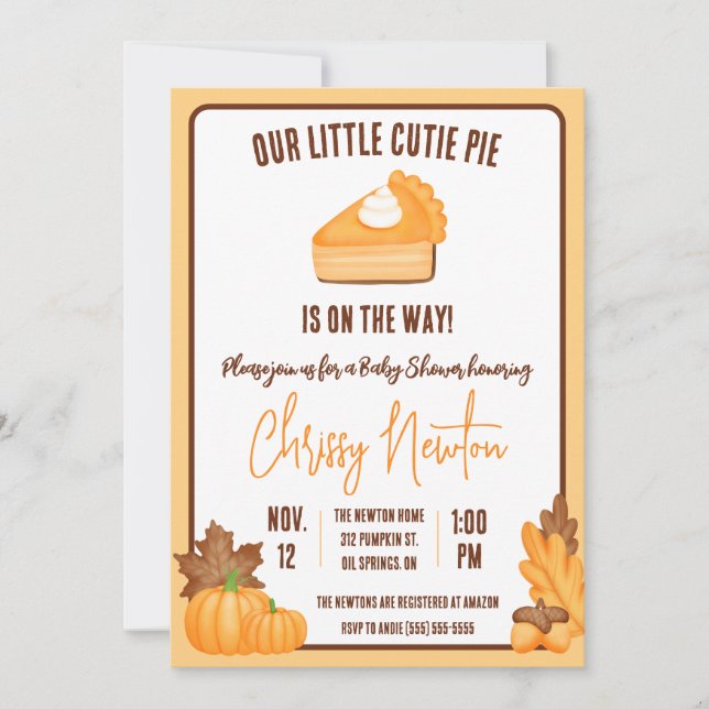 Our Little Cutie Pie, Fall Pumpkin Pie Baby Shower Invitation (Front)