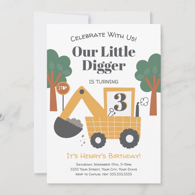 Our Little Digger Is Turning Three Birthday Party Invitation (Front)