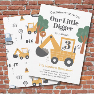 Our Little Digger Is Turning Three Birthday Party Invitation
