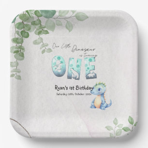 Our Little Dinosaur Is Turning One 1st Birthday Paper Plate