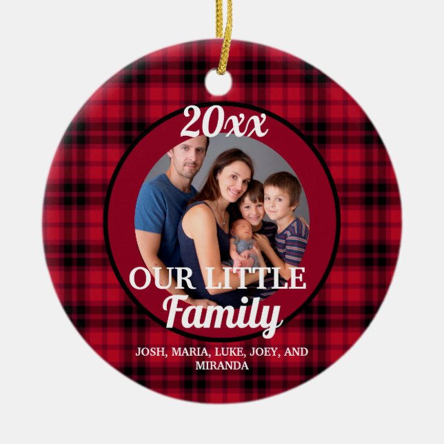 Our Little Family Photo Buffalo Plaid Christmas Ceramic Ornament (Front)