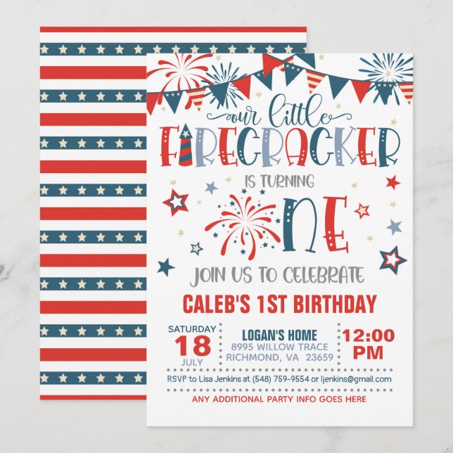 Our Little Firecracker 1st Birthday Invitation (Front/Back)