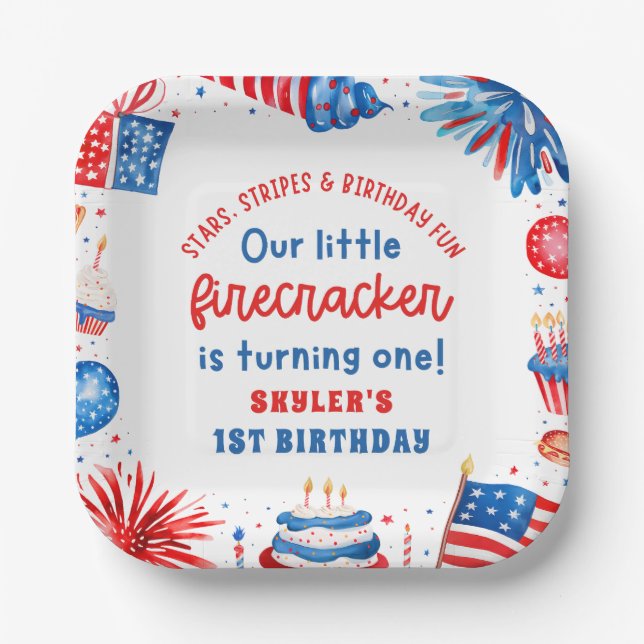 Our Little Firecracker 4th of July 1st Birthday Paper Plate (Front)