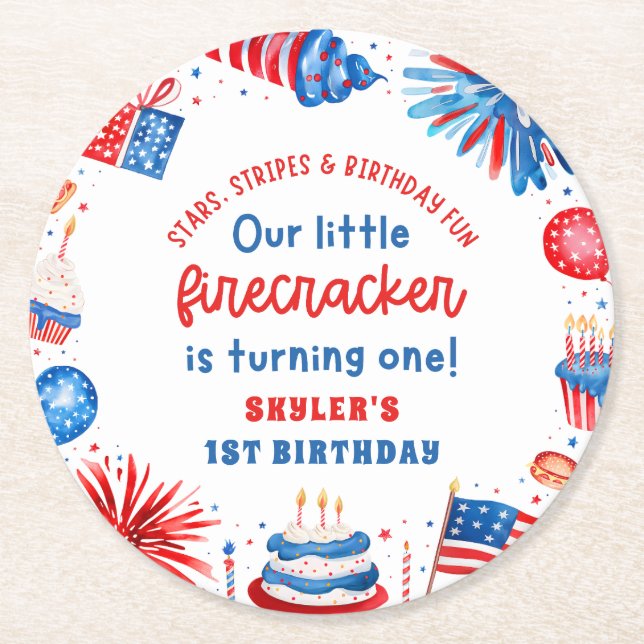 Our Little Firecracker 4th of July 1st Birthday Round Paper Coaster (Front)