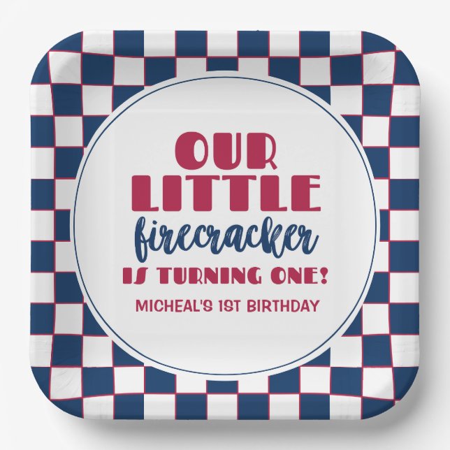 Our little firecracker is turning one birthday paper plate (Front)