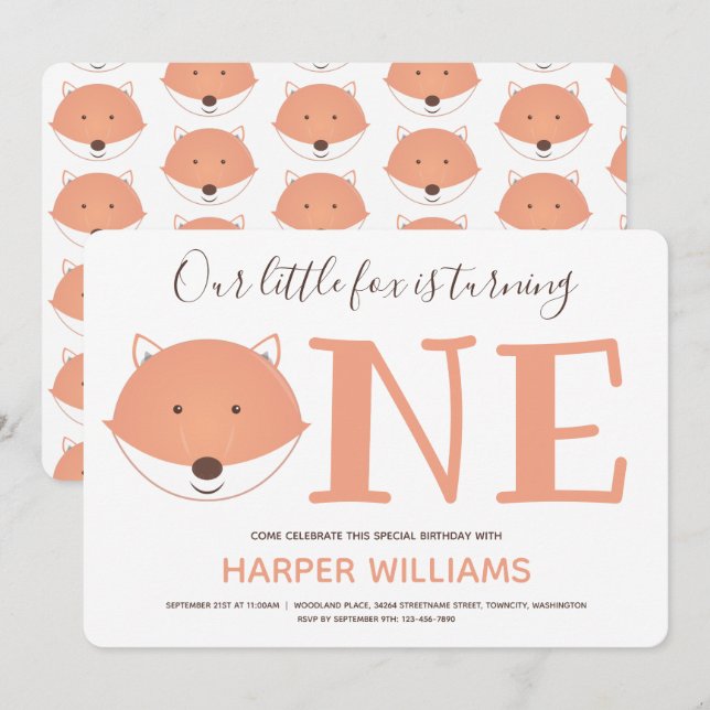 Our Little Fox is Turning One First Birthday Invitation (Front/Back)
