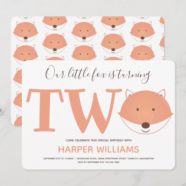 Our Little Fox is Turning Two Second Kids Birthday Invitation (Front/Back)