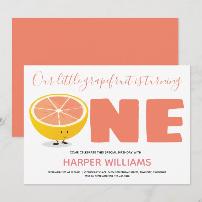 Our Little Grapefruit Turning One First Birthday Invitation (Front/Back)