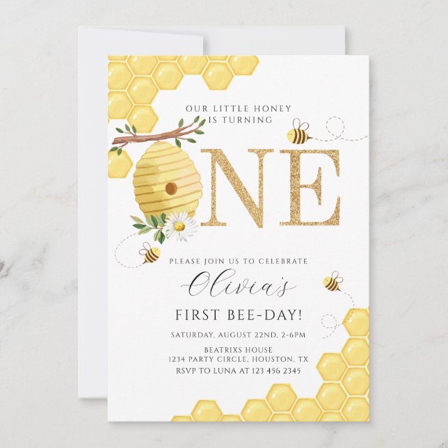 Our Little Honey Bee 1st Bee-Day Birthday Invitation (Front)