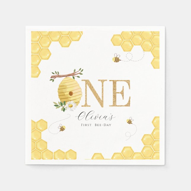 Our Little Honey Bee 1st Bee-Day Birthday Napkin (Front)