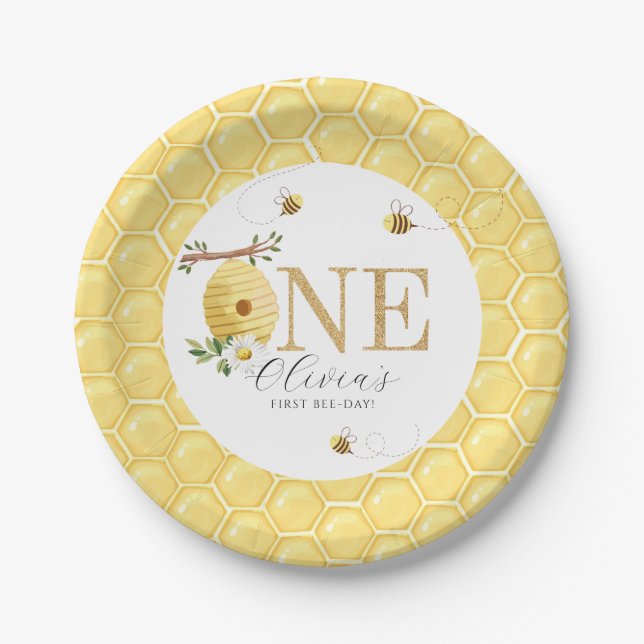 Our Little Honey Bee 1st Bee-Day Birthday Paper Plate (Front)