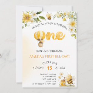 Our Little Honey Bee 1st Bee-Day Floral Birthday Invitation