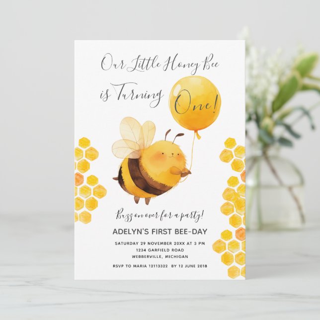 Our little Honey Bee is Turning One Birthday  Invitation (Standing Front)