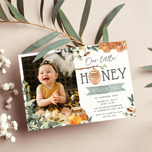 Our Little Honey   Bee Theme Photo Birthday Party Invitation