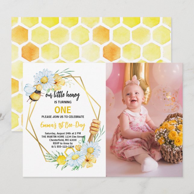 Our Little Honey Is Turning One Bee 1st Birthday Invitation (Front/Back)