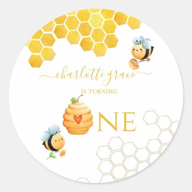 Our Little Honey is Turning One Bee Birthday Classic Round Sticker (Front)