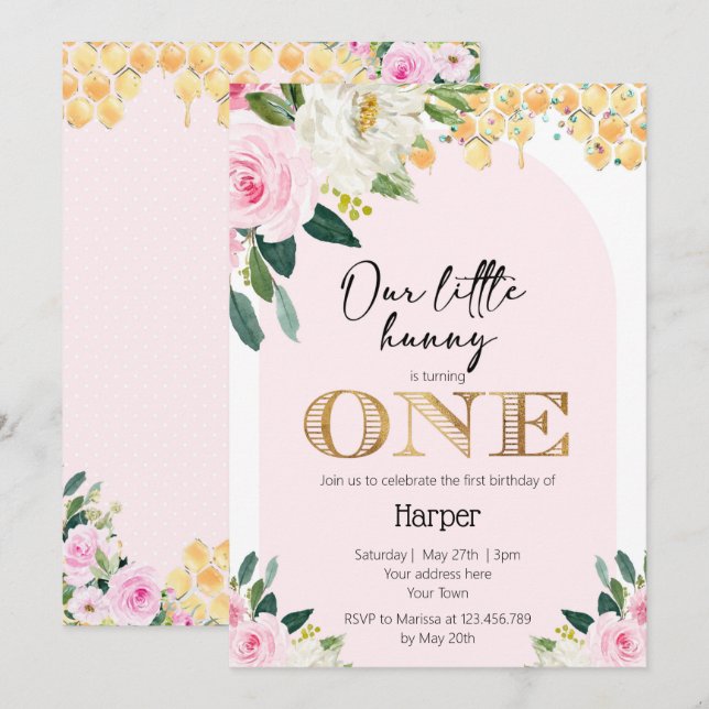 Our Little Hunny Girls Bee 1st Birthday Invitation (Front/Back)