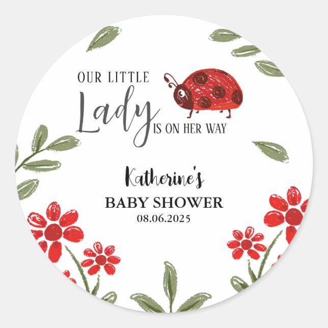 Our little lady is on her way girl baby shower  classic round sticker (Front)