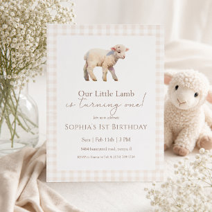 Our Little Lamb Birthday Neutral Gingham Invitation