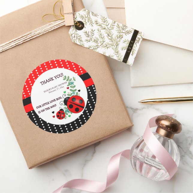 Our Little Love Bug Red Black Baby Shower Classic Round Sticker (Gifting)