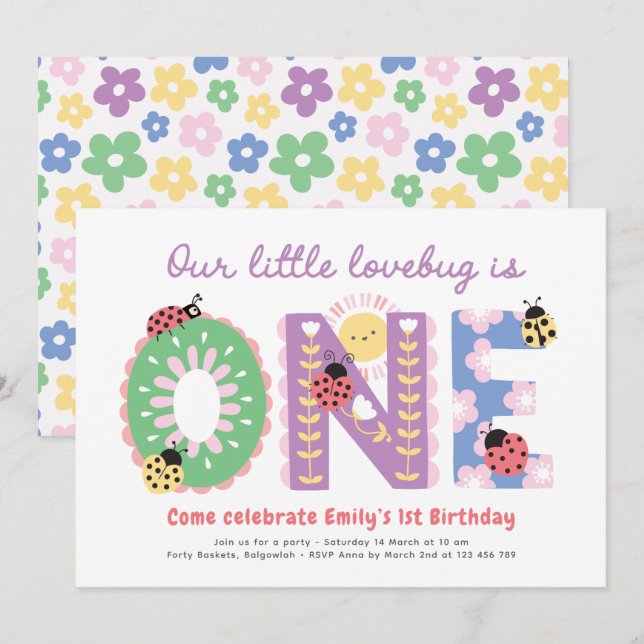 Our Little Lovebug, Flowers First Birthday Party Invitation (Front/Back)