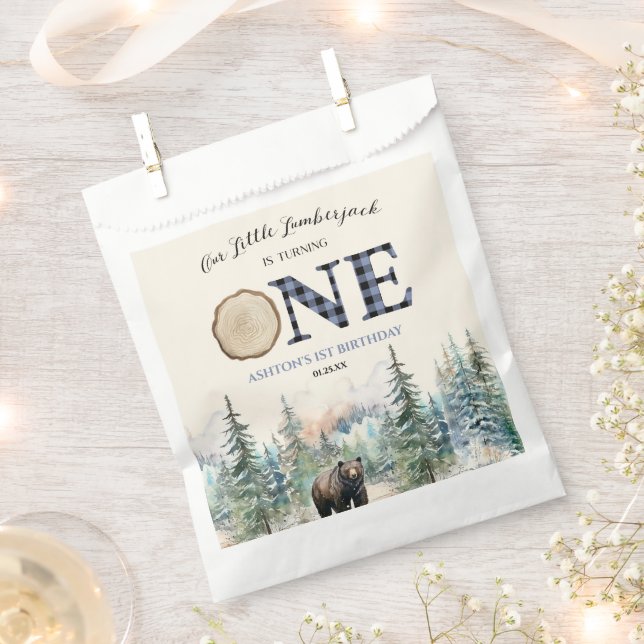 Our Little Lumberjack Bear Blue 1st Birthday Party Favour Bag (Clipped)