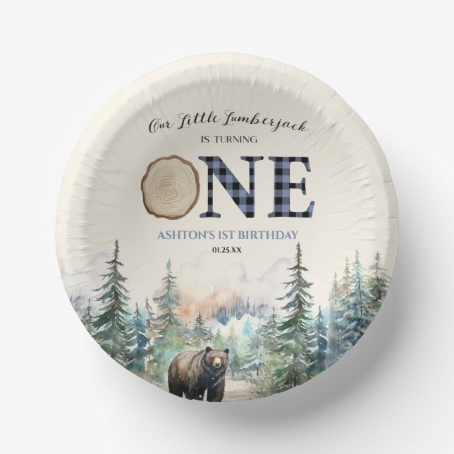 Our Little Lumberjack Bear Blue 1st Birthday Party Paper Plate (Front)