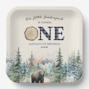 Our Little Lumberjack Bear Blue 1st Birthday Party Paper Plate