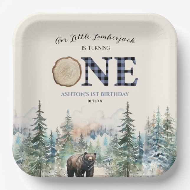 Our Little Lumberjack Bear Blue 1st Birthday Party Paper Plate (Front)