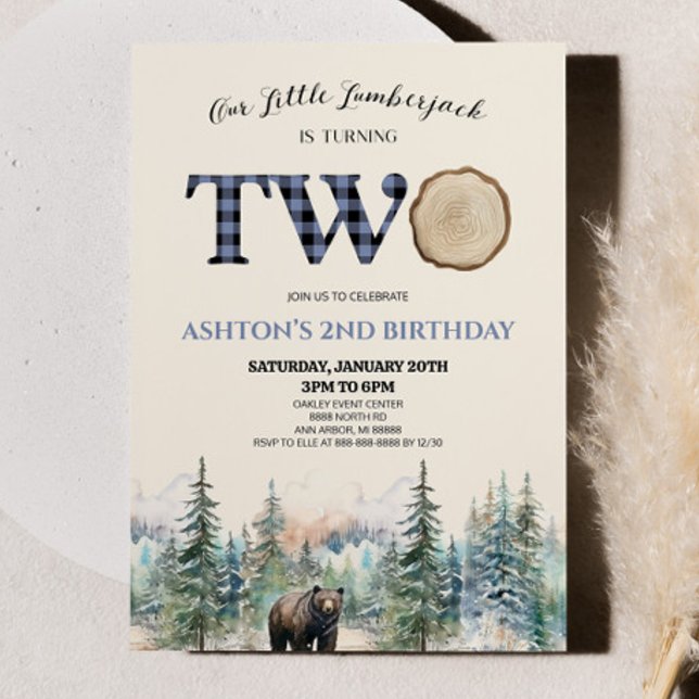 Our Little Lumberjack Bear Blue 2nd Birthday Party Invitation (Creator Uploaded)