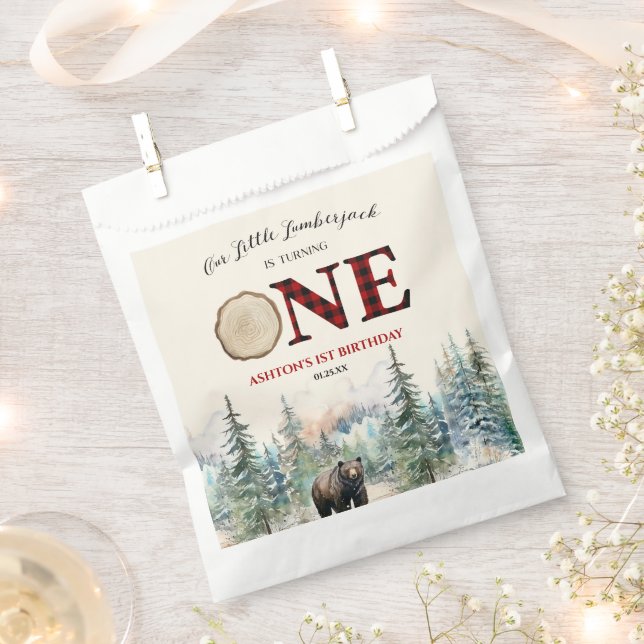 Our Little Lumberjack Bear Red 1st Birthday Party Favour Bag (Clipped)