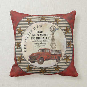 Our Little Man Baby Birth Stats Rustic Nursery Throw Pillow