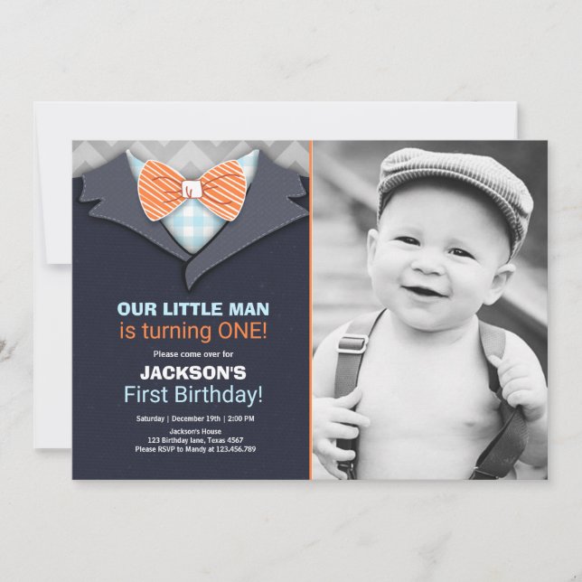 Our Little Man Birthday Invitation Boy Bow Tie (Front)