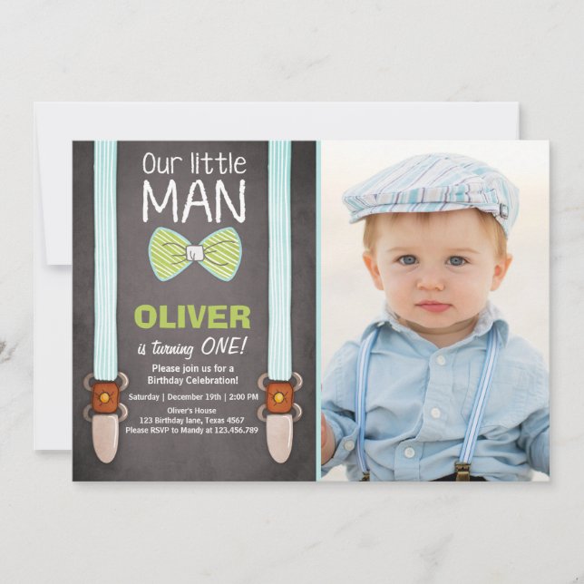 Our Little Man Birthday Invitation Boy Bow Tie (Front)