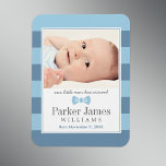 Our Little Man | Blue Boy Photo Birth Announcement Magnet<br><div class="desc">Announce the arrival of your baby boy in style with classic and simple birth announcement magnets that feature a photo of your baby framed by preppy horizontal stripes and a little bow tie design accent. Blue,  slate,  charcoal grey,  and white colours.</div>