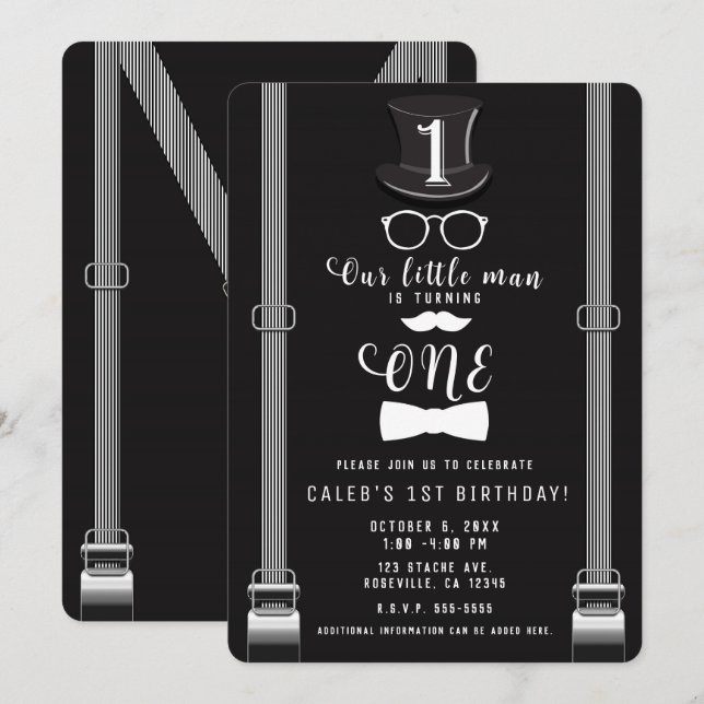 Our little Man Hipster Suspenders 1st Birthday One Invitation (Front/Back)