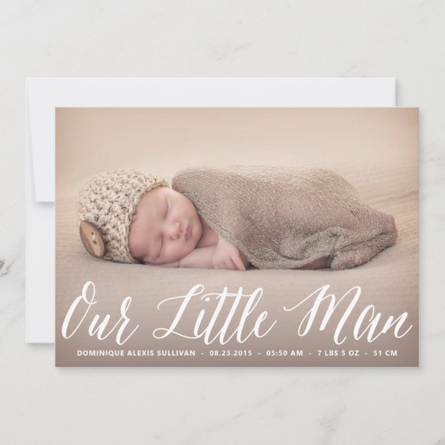 Our Little Man Script Photo Birth Announcement (Front)