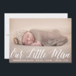 Our Little Man Script Photo Birth Announcement<br><div class="desc">Fun and whimsical birth announcement featuring calligraphy script and patterned background. This announcement is available in variety of fonts.</div>